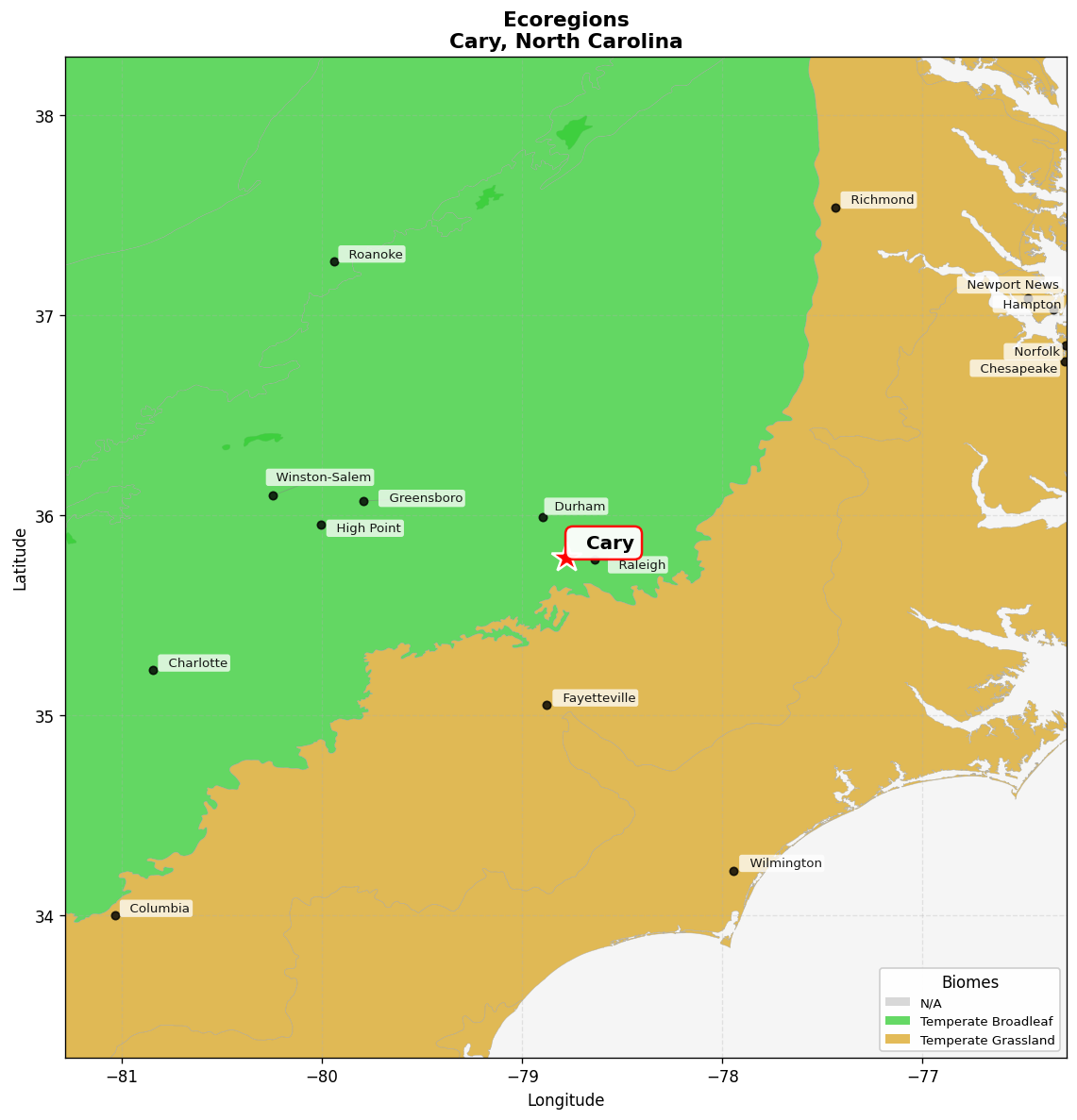 Appalachian Piedmont forests Ecoregion Map for Cary, NC
